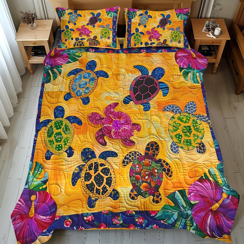 Hibiscus Turtle 3-Piece Quilted Bedding Set