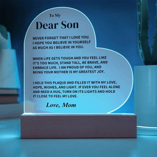 To My Son - From Mom - Never Forget That I Love You - LED Heart Acrylic Plaque