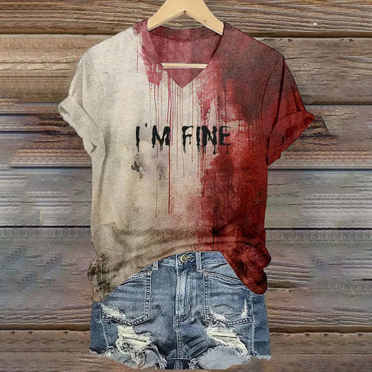 Women's Blood I'm Fine Halloween Print V-Neck T-Shirt