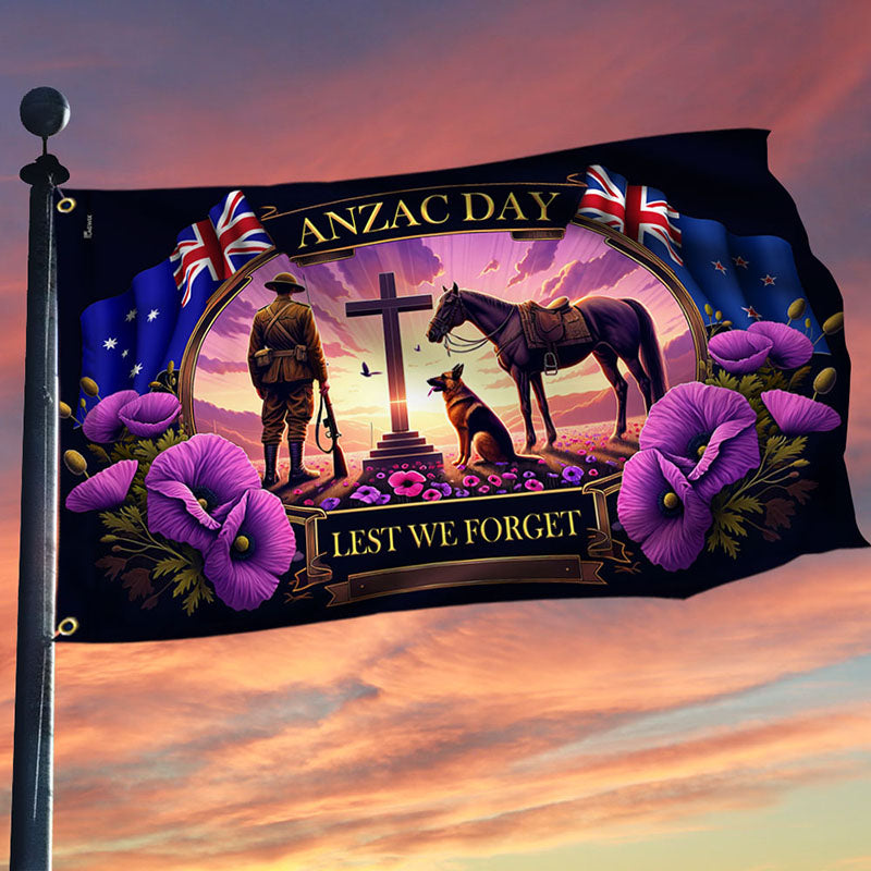 Anzac Day Animals in War Purple Poppy Grommet Flag