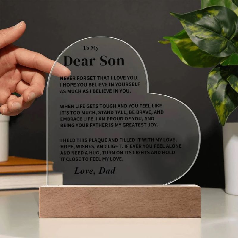 To My Son - From Dad - Never Forget That I Love You - LED Heart Acrylic Plaque