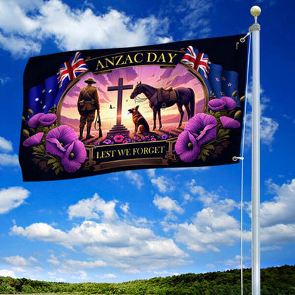 Anzac Day Animals in War Purple Poppy Grommet Flag