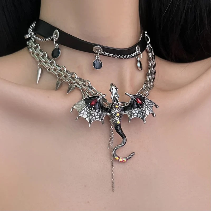 Gothic Exaggerated Imprisoned Flying Dragon Necklace