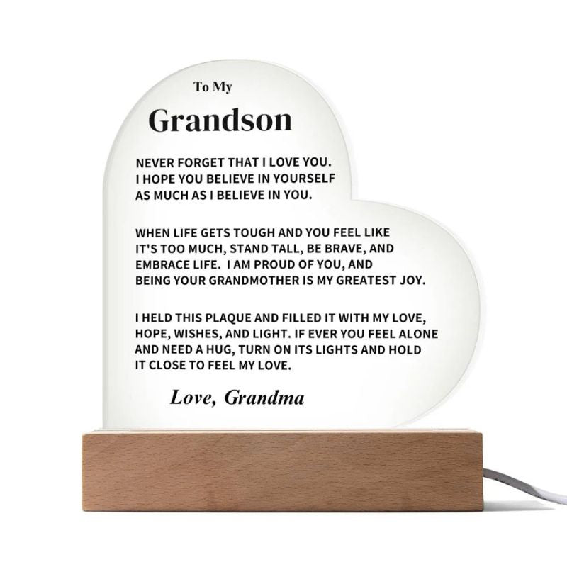 To My Grandson - From Grandma - Never Forget That I Love You - LED Heart Acrylic Plaque