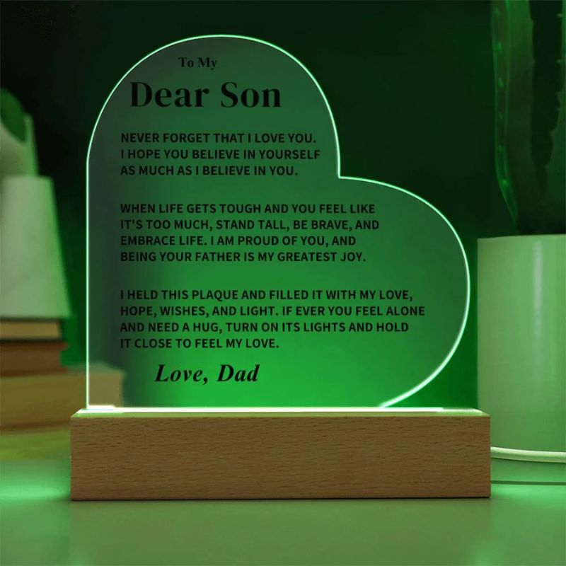 To My Son - From Dad - Never Forget That I Love You - LED Heart Acrylic Plaque