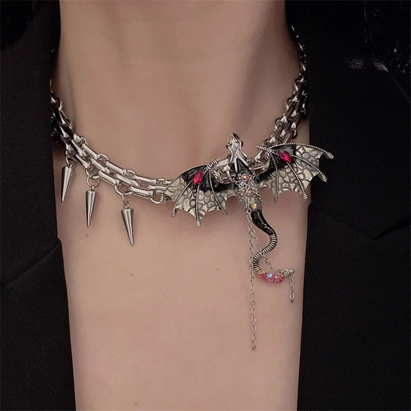 Gothic Exaggerated Imprisoned Flying Dragon Necklace