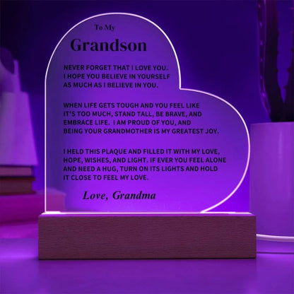 To My Grandson - From Grandma - Never Forget That I Love You - LED Heart Acrylic Plaque