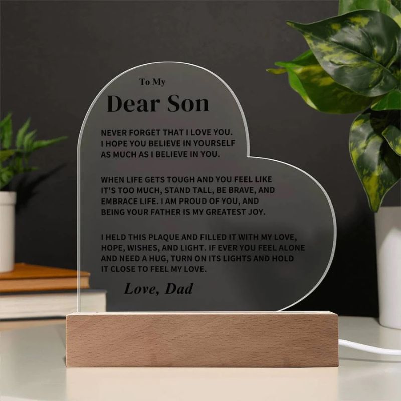 To My Son - From Dad - Never Forget That I Love You - LED Heart Acrylic Plaque