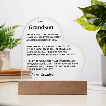 To My Grandson - From Grandpa - Never Forget That I Love You - LED Heart Acrylic Plaque