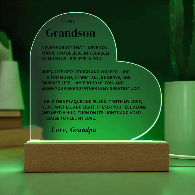 To My Grandson - From Grandpa - Never Forget That I Love You - LED Heart Acrylic Plaque