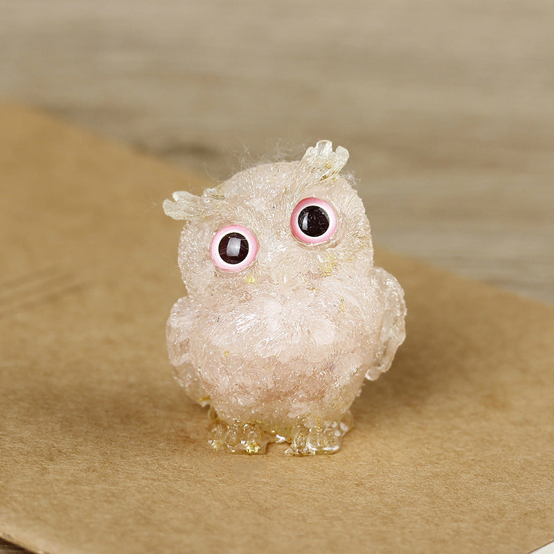 Rose Quartz & Gold Foil - Handmade Natural Crystal Gemstone Owl