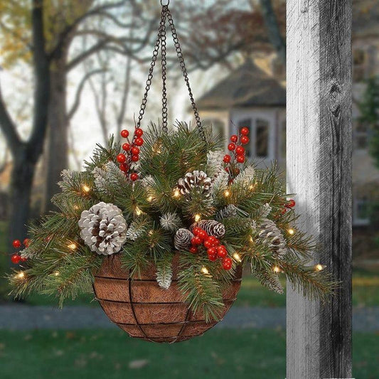 🎄Pre-lit Artificial Christmas Hanging Basket - Flocked with Mixed Decorations and White LED Lights - Frosted Berry