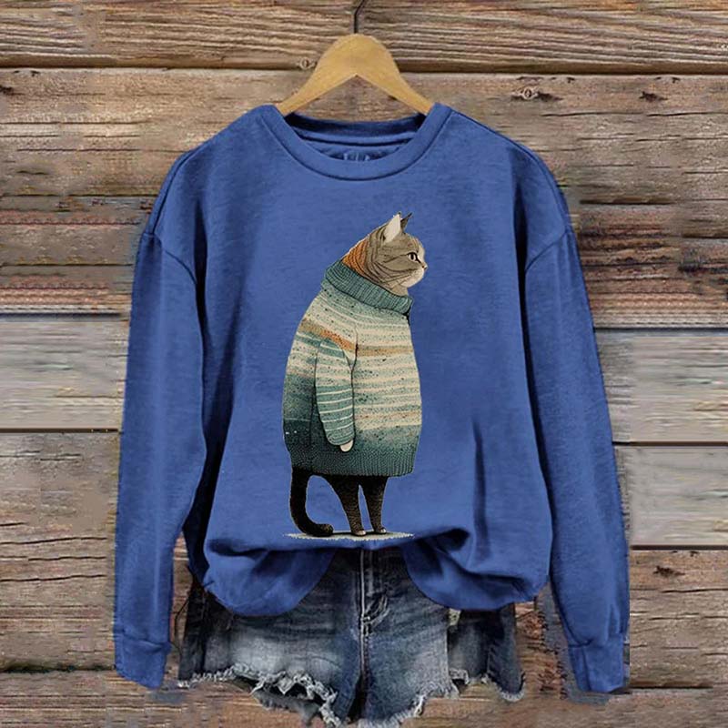 Women's Winter Cat Print Crew Neck Sweatshirt