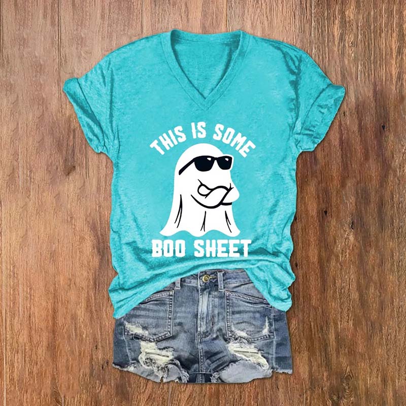 Women's Halloween This Is Some Boo Sheet Print V-Neck T-Shirt