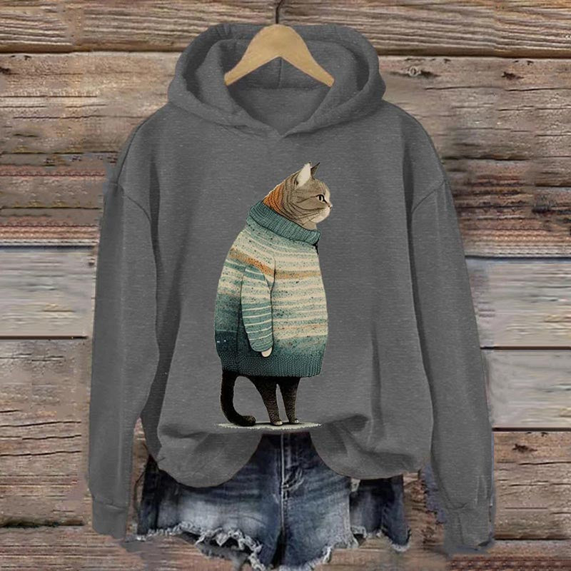 Women's Winter Cat Print Casual Hooded Sweatshirt