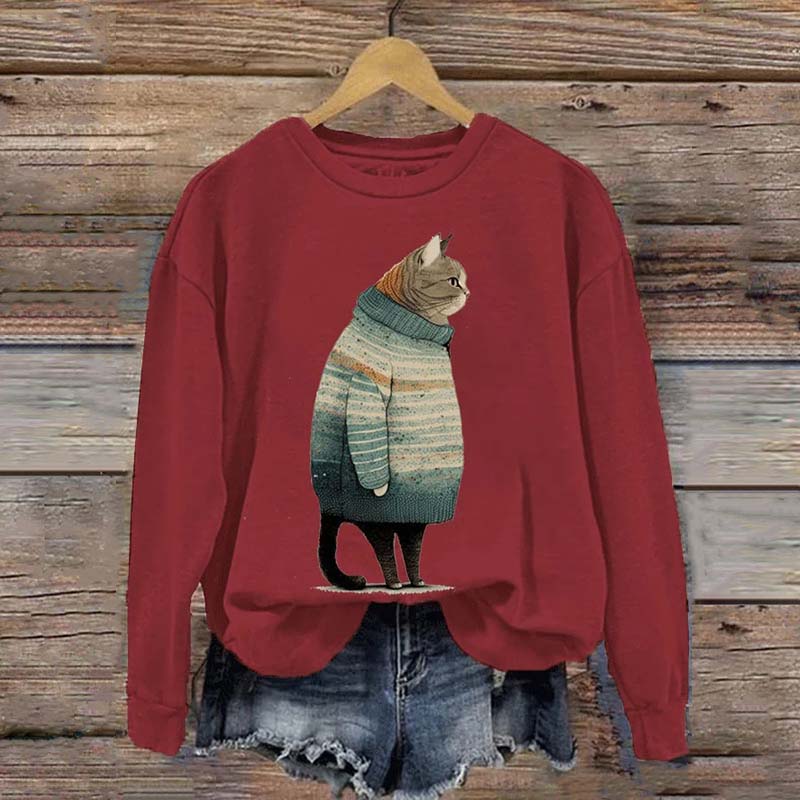 Women's Winter Cat Print Crew Neck Sweatshirt