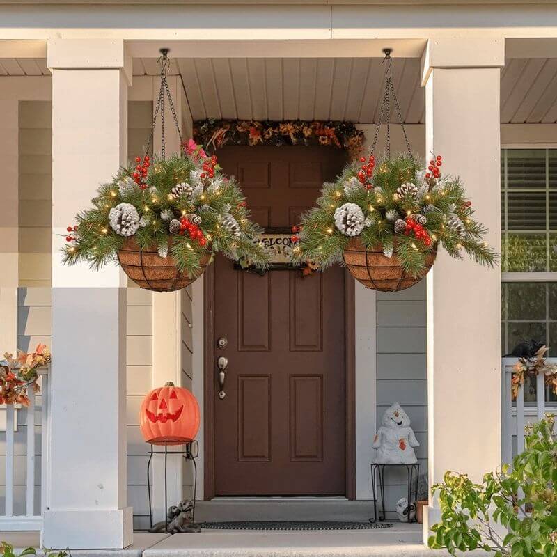 🎄Pre-lit Artificial Christmas Hanging Basket - Flocked with Mixed Decorations and White LED Lights - Frosted Berry