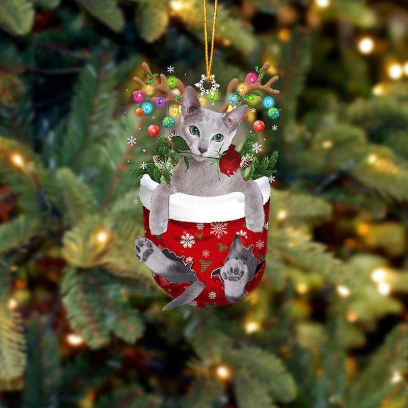 Russian Blue Cat In Snow Pocket Christmas Ornament SP197