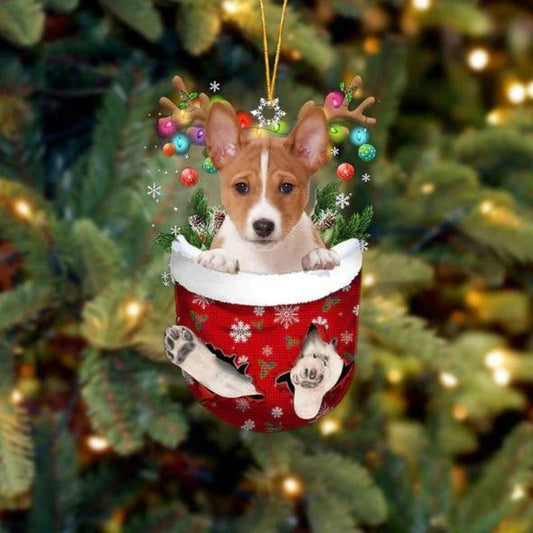 Basenji In Snow Pocket Christmas Ornament SP217