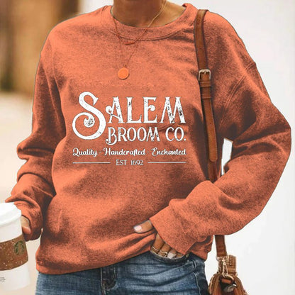 Women's Salem Broom Co Quality Handcrafted Enchanted Est 1692 Printed Round Neck Long Sleeve Sweatshirt