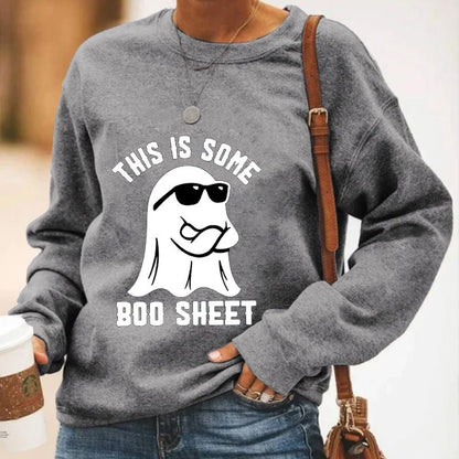 Women's Halloween This Is Some Boo Sheet Printed Crew Neck Long Sleeve Sweatshirt