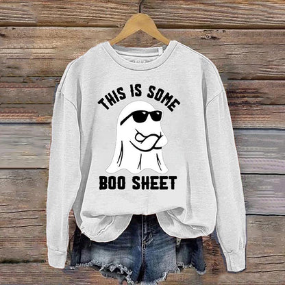 Women's Halloween This Is Some Boo Sheet Printed Crew Neck Long Sleeve Sweatshirt